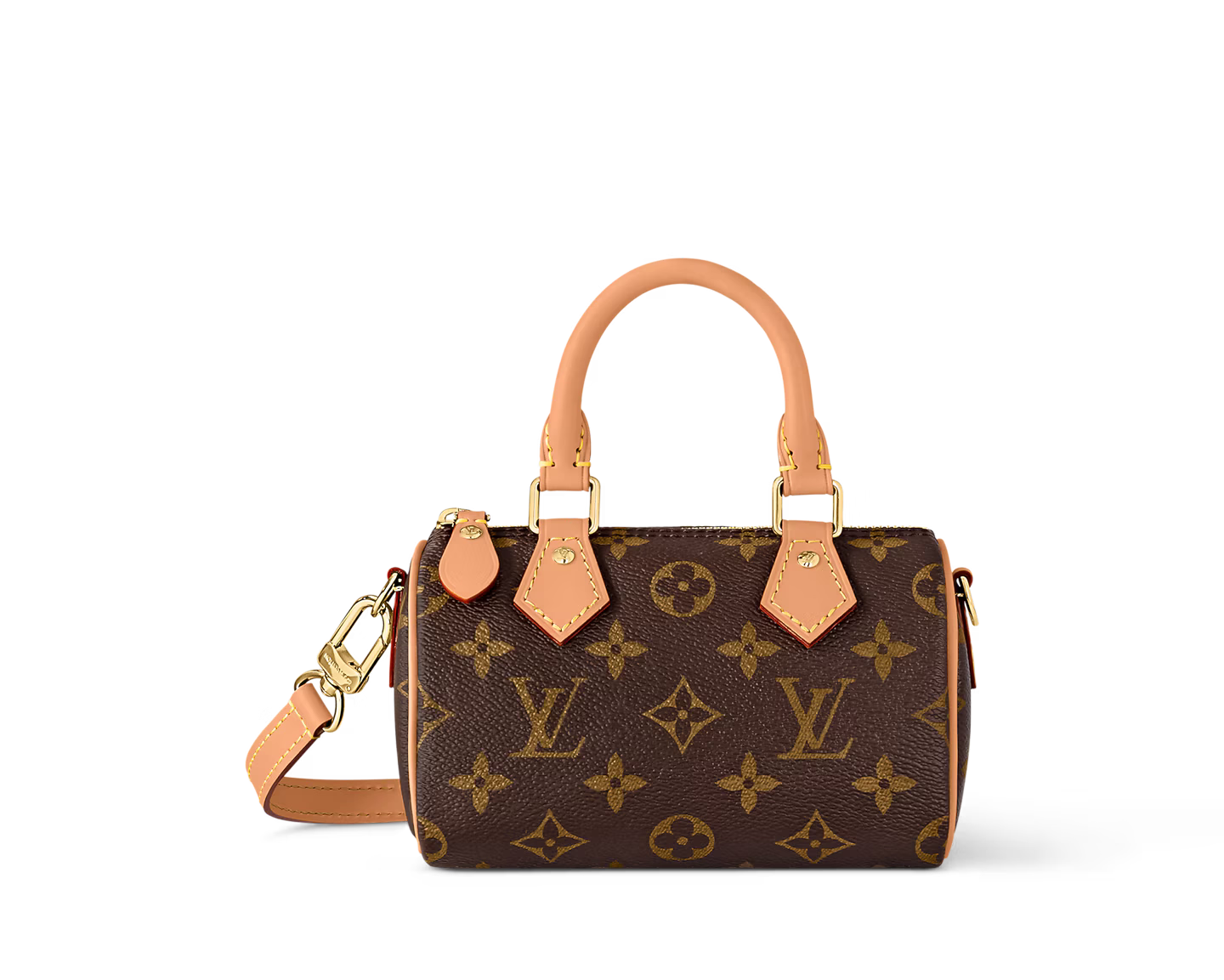 Louis Vuitton Nano Speedy Monogram Canvas Brown, mini sac marron en toile Monogram avec poignées en cuir et bandoulière ajustable.