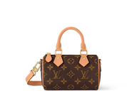 Louis Vuitton Nano Speedy Monogram Canvas Brown, mini sac marron en toile Monogram avec poignées en cuir et bandoulière ajustable.