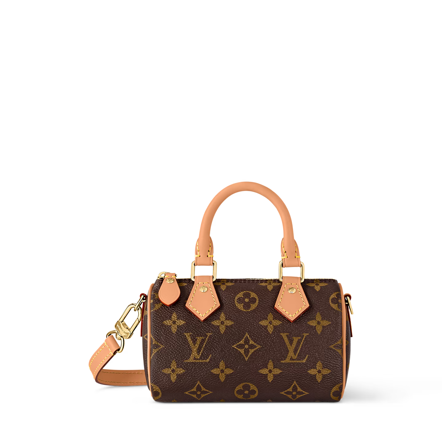 Louis Vuitton Nano Speedy Monogram Canvas Brown, mini sac marron en toile Monogram avec poignées en cuir et bandoulière ajustable.
