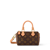 Louis Vuitton Nano Speedy Monogram Canvas Brown, mini sac marron en toile Monogram avec poignées en cuir et bandoulière ajustable.