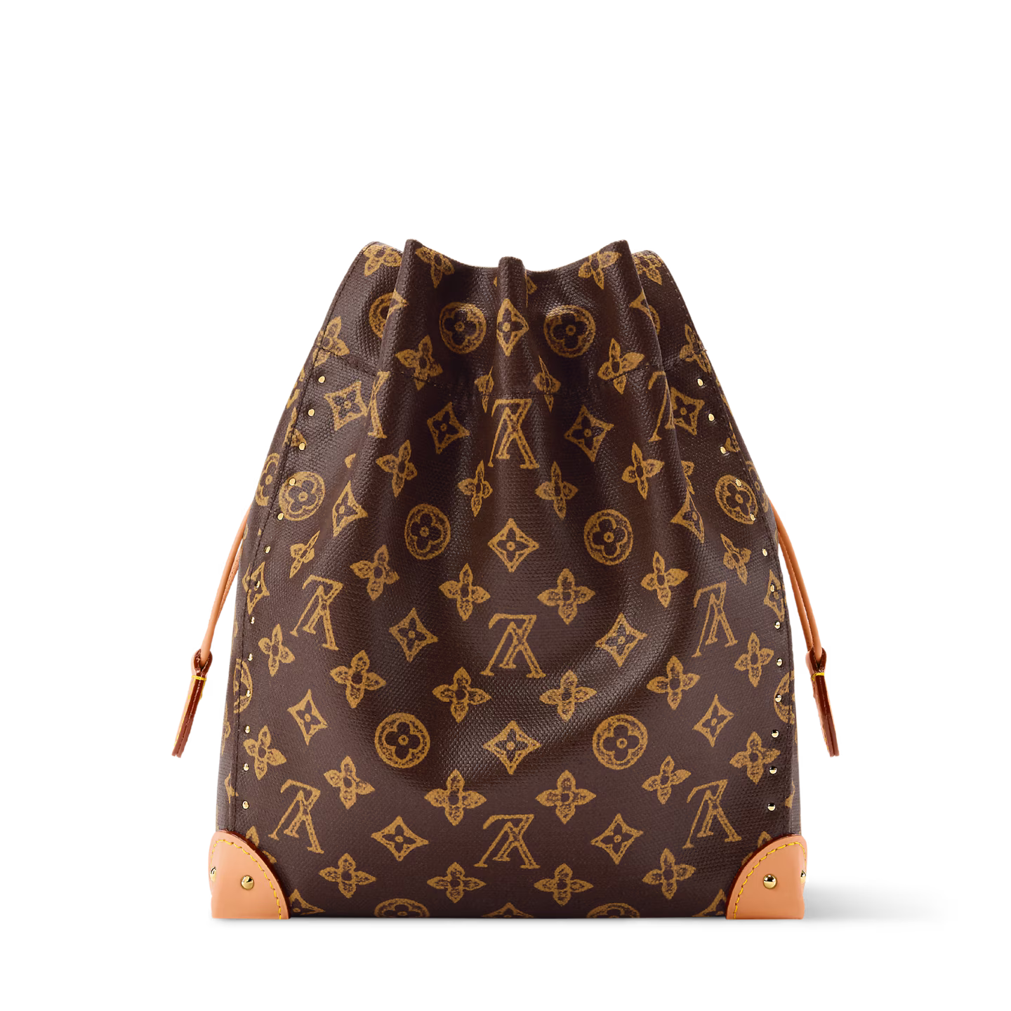 Louis Vuitton Noe Trunk, sac seau en toile Monogram marron avec cuir, coins métalliques dorés, chaîne tressée et cordon coulissant.