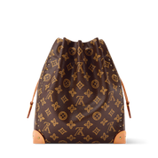 Louis Vuitton Noe Trunk, sac seau en toile Monogram marron avec cuir, coins métalliques dorés, chaîne tressée et cordon coulissant.