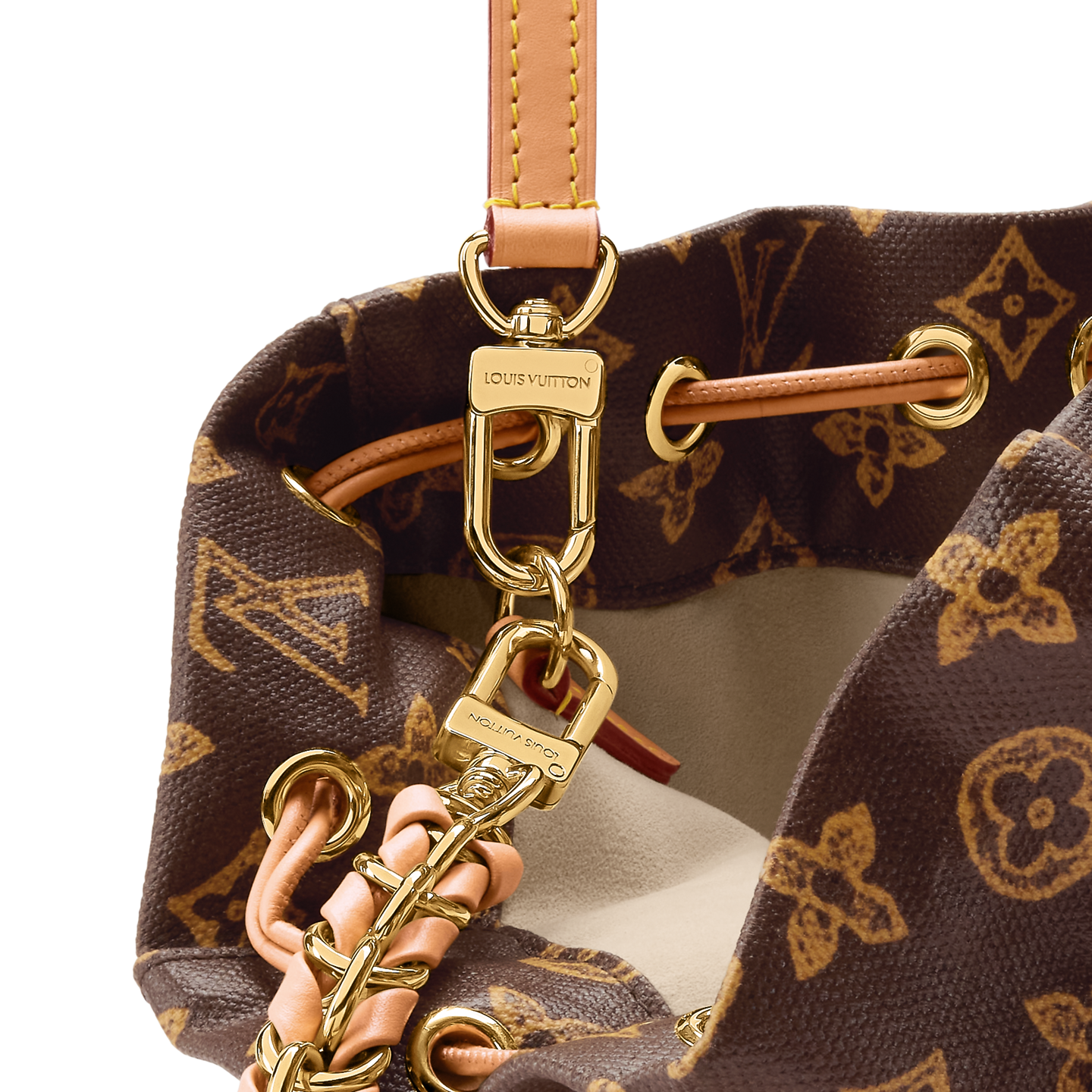Louis Vuitton Noe Trunk, sac seau en toile Monogram marron avec cuir, coins métalliques dorés, chaîne tressée et cordon coulissant.
