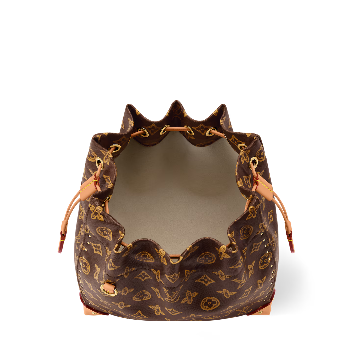 Louis Vuitton Noe Trunk, sac seau en toile Monogram marron avec cuir, coins métalliques dorés, chaîne tressée et cordon coulissant.