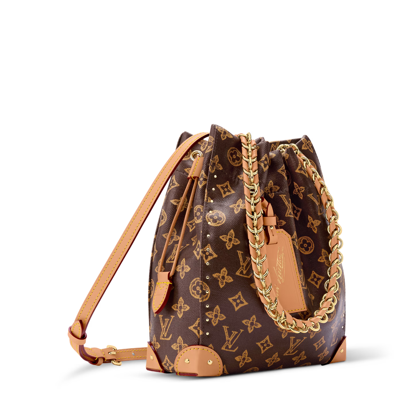 Louis Vuitton Noe Trunk, sac seau en toile Monogram marron avec cuir, coins métalliques dorés, chaîne tressée et cordon coulissant.