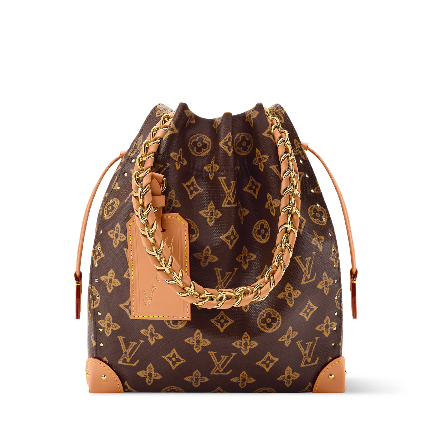 Louis Vuitton Noe Trunk, sac seau en toile Monogram marron avec cuir, coins métalliques dorés, chaîne tressée et cordon coulissant.