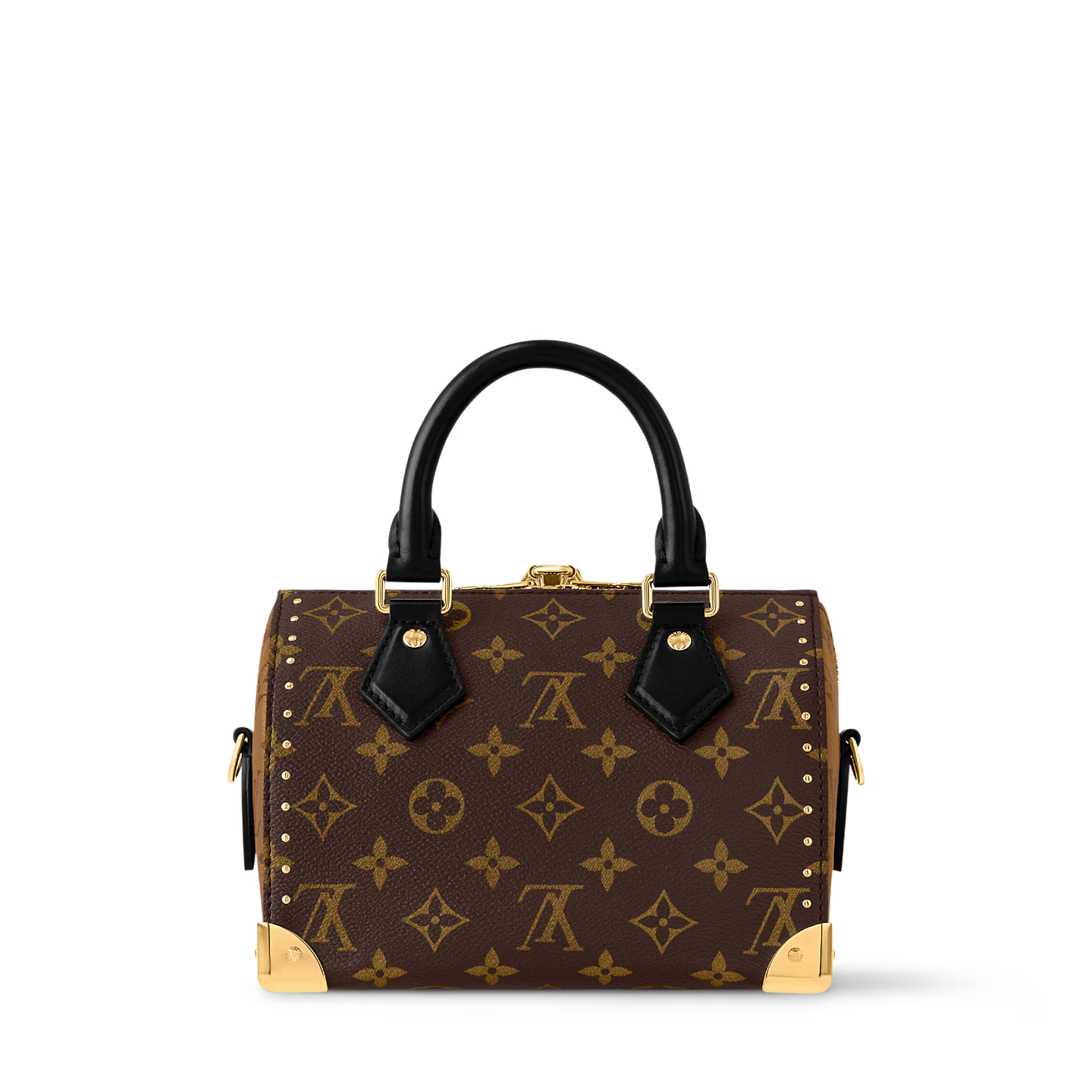 Louis Vuitton Speedy Trunk 20, sac en toile Monogram Ébène avec poignées en cuir lisse, chaîne dorée, cadenas et bandoulière ajustable.