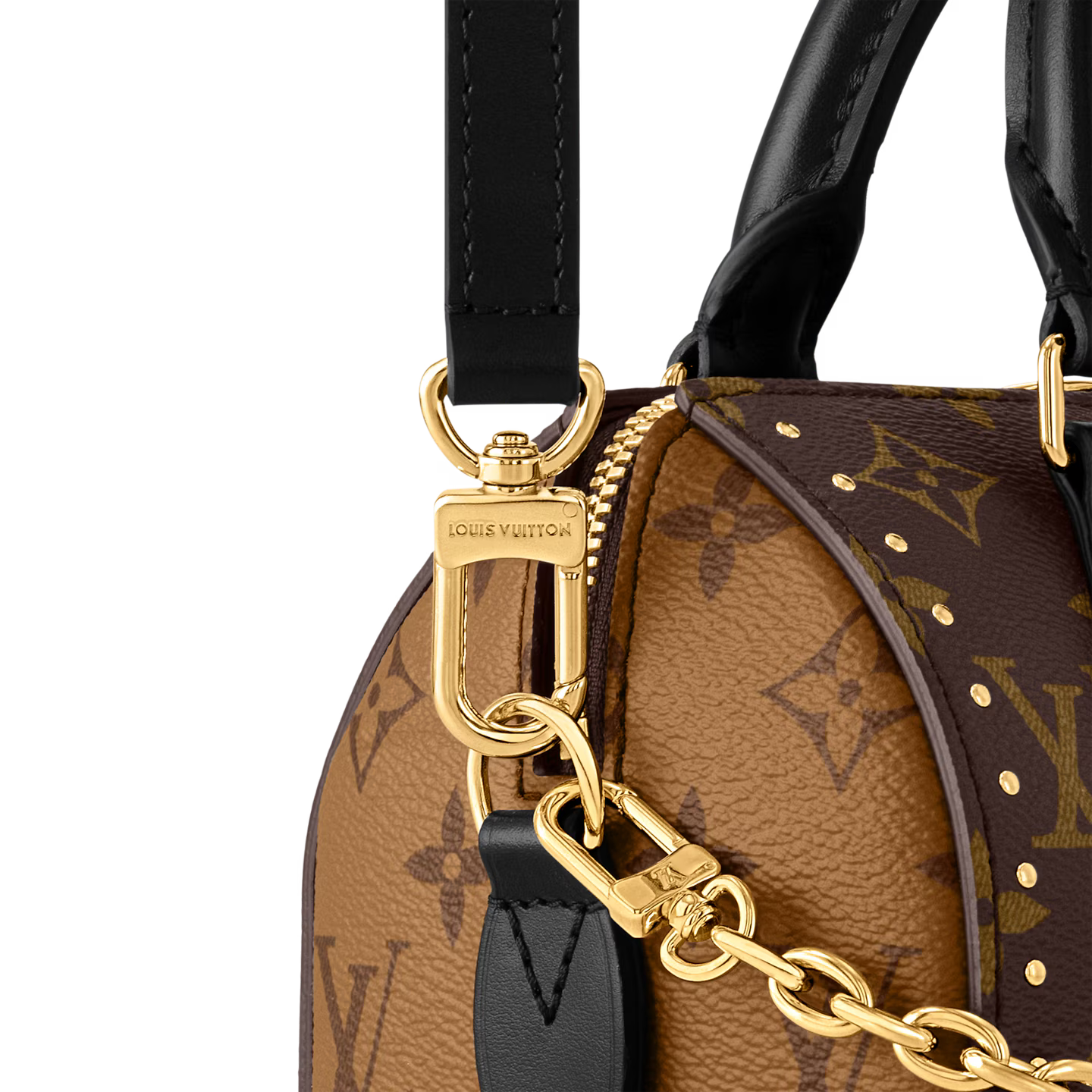 Louis Vuitton Speedy Trunk 20, sac en toile Monogram Ébène avec poignées en cuir lisse, chaîne dorée, cadenas et bandoulière ajustable.