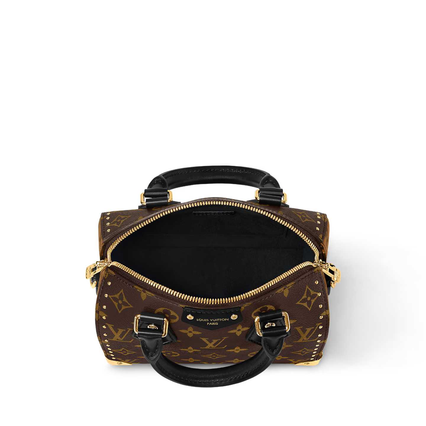 Louis Vuitton Speedy Trunk 20, sac en toile Monogram Ébène avec poignées en cuir lisse, chaîne dorée, cadenas et bandoulière ajustable.