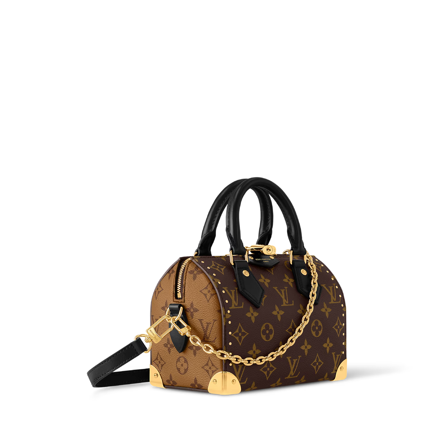 Louis Vuitton Speedy Trunk 20, sac en toile Monogram Ébène avec poignées en cuir lisse, chaîne dorée, cadenas et bandoulière ajustable.