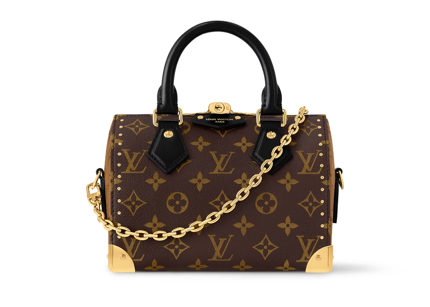 Louis Vuitton Speedy Trunk 20, sac en toile Monogram Ébène avec poignées en cuir lisse, chaîne dorée, cadenas et bandoulière ajustable.