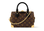 Louis Vuitton Speedy Trunk 20, sac en toile Monogram Ébène avec poignées en cuir lisse, chaîne dorée, cadenas et bandoulière ajustable.