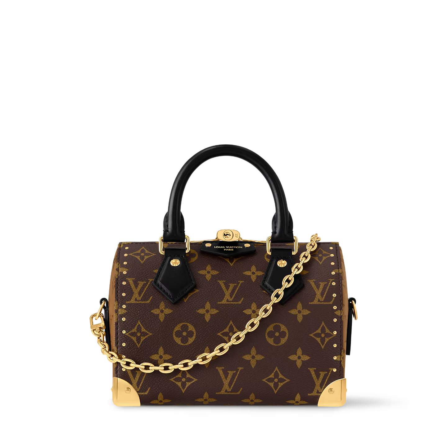 Louis Vuitton Speedy Trunk 20, sac en toile Monogram Ébène avec poignées en cuir lisse, chaîne dorée, cadenas et bandoulière ajustable.