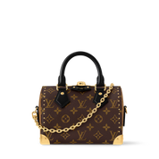 Louis Vuitton Speedy Trunk 20, sac en toile Monogram Ébène avec poignées en cuir lisse, chaîne dorée, cadenas et bandoulière ajustable.