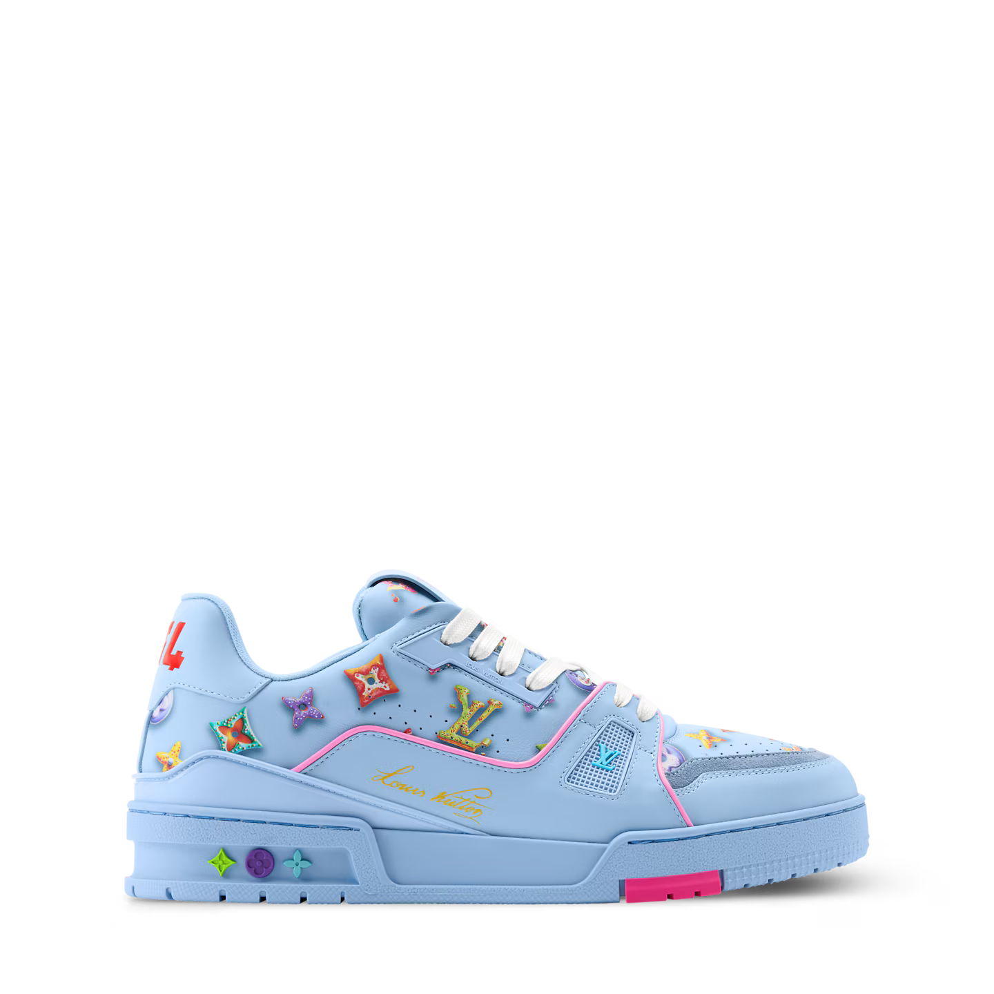 sneakers Louis Vuitton LV Trainer Monogram Donuts Blue en cuir premium avec motif Monogram embossé et semelle sculptée