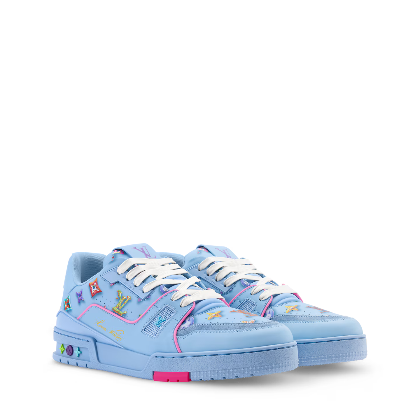  sneakers Louis Vuitton LV Trainer Monogram Donuts Blue en cuir premium avec motif Monogram embossé et semelle sculptée