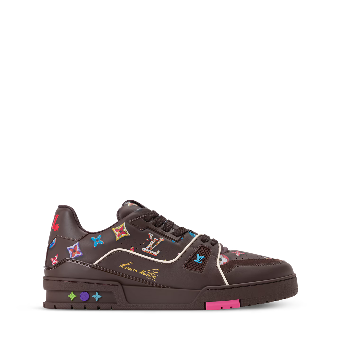 sneakers Louis Vuitton LV Trainer Monogram Donuts Brown en cuir premium avec motif Monogram embossé et semelle sculptée