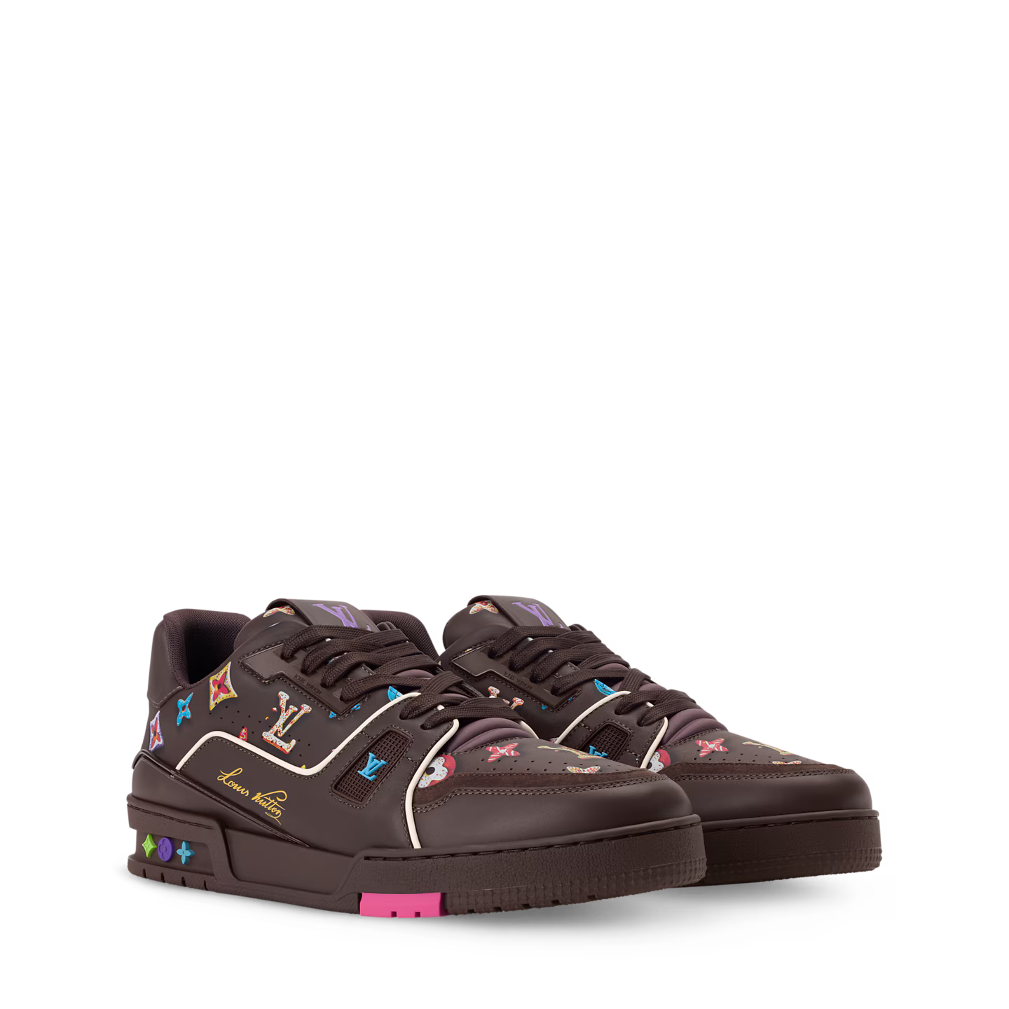 sneakers Louis Vuitton LV Trainer Monogram Donuts Brown en cuir premium avec motif Monogram embossé et semelle sculptée