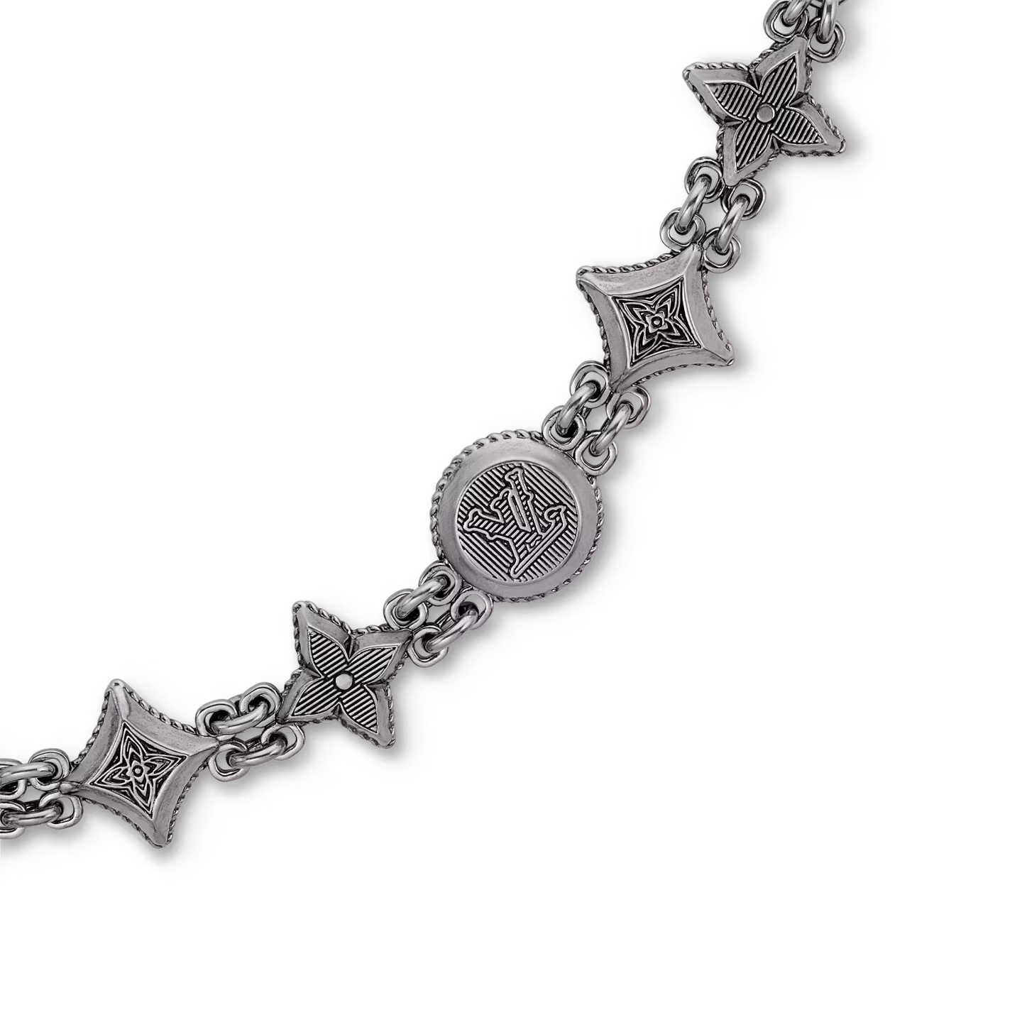 Louis Vuitton Western Chain Belt and Bag Charm Aged Silver, chaîne en métal argent vieilli avec initiales LV et fleurs Monogram gravées.