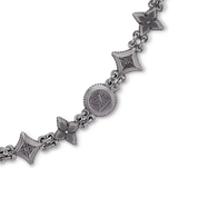 Louis Vuitton Western Chain Belt and Bag Charm Aged Silver, chaîne en métal argent vieilli avec initiales LV et fleurs Monogram gravées.