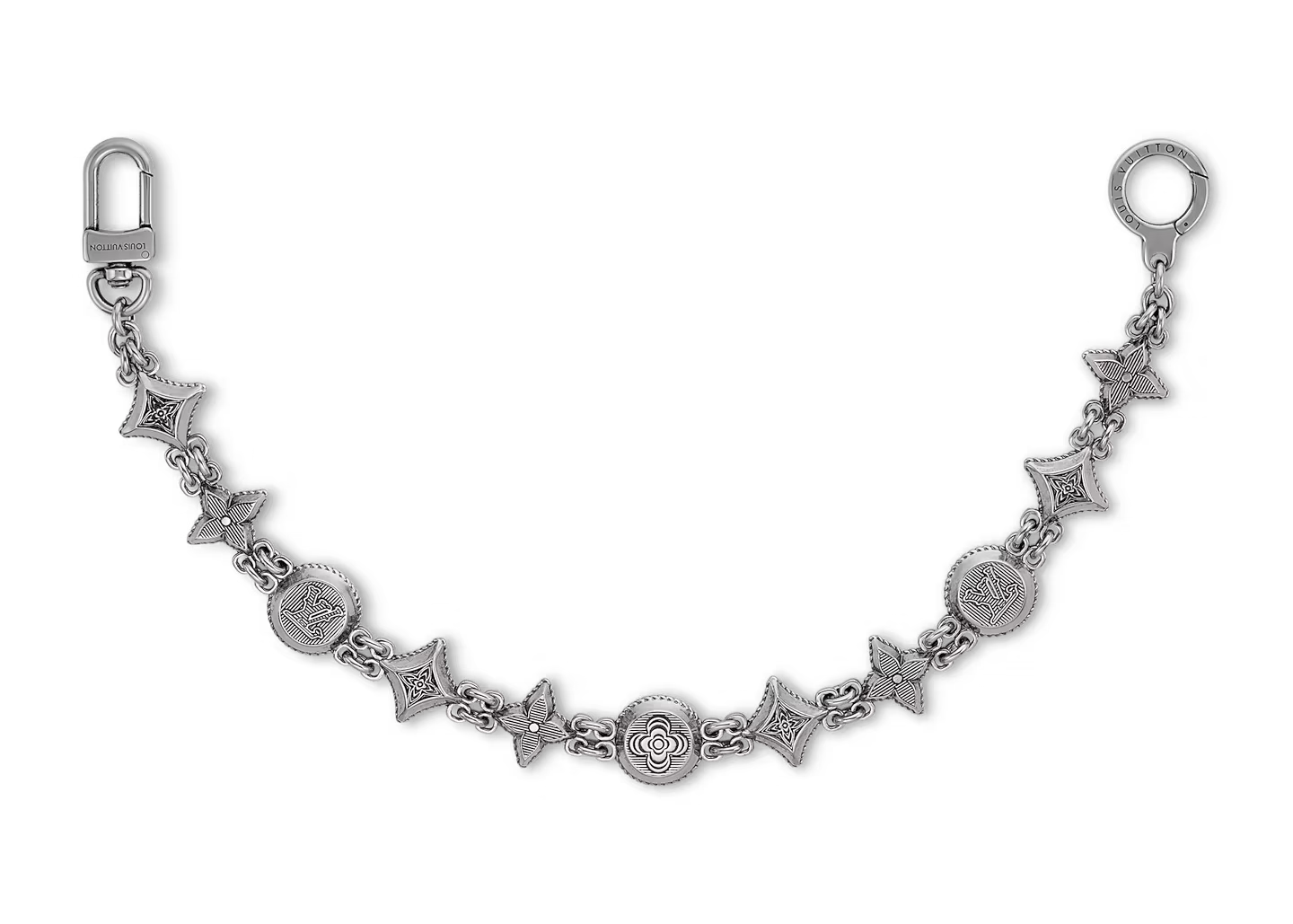 Louis Vuitton Western Chain Belt and Bag Charm Aged Silver, chaîne en métal argent vieilli avec initiales LV et fleurs Monogram gravées.