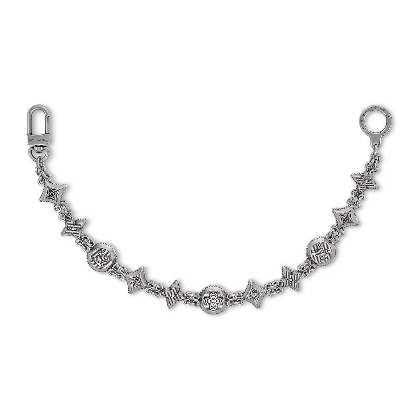 Louis Vuitton Western Chain Belt and Bag Charm Aged Silver, chaîne en métal argent vieilli avec initiales LV et fleurs Monogram gravées.