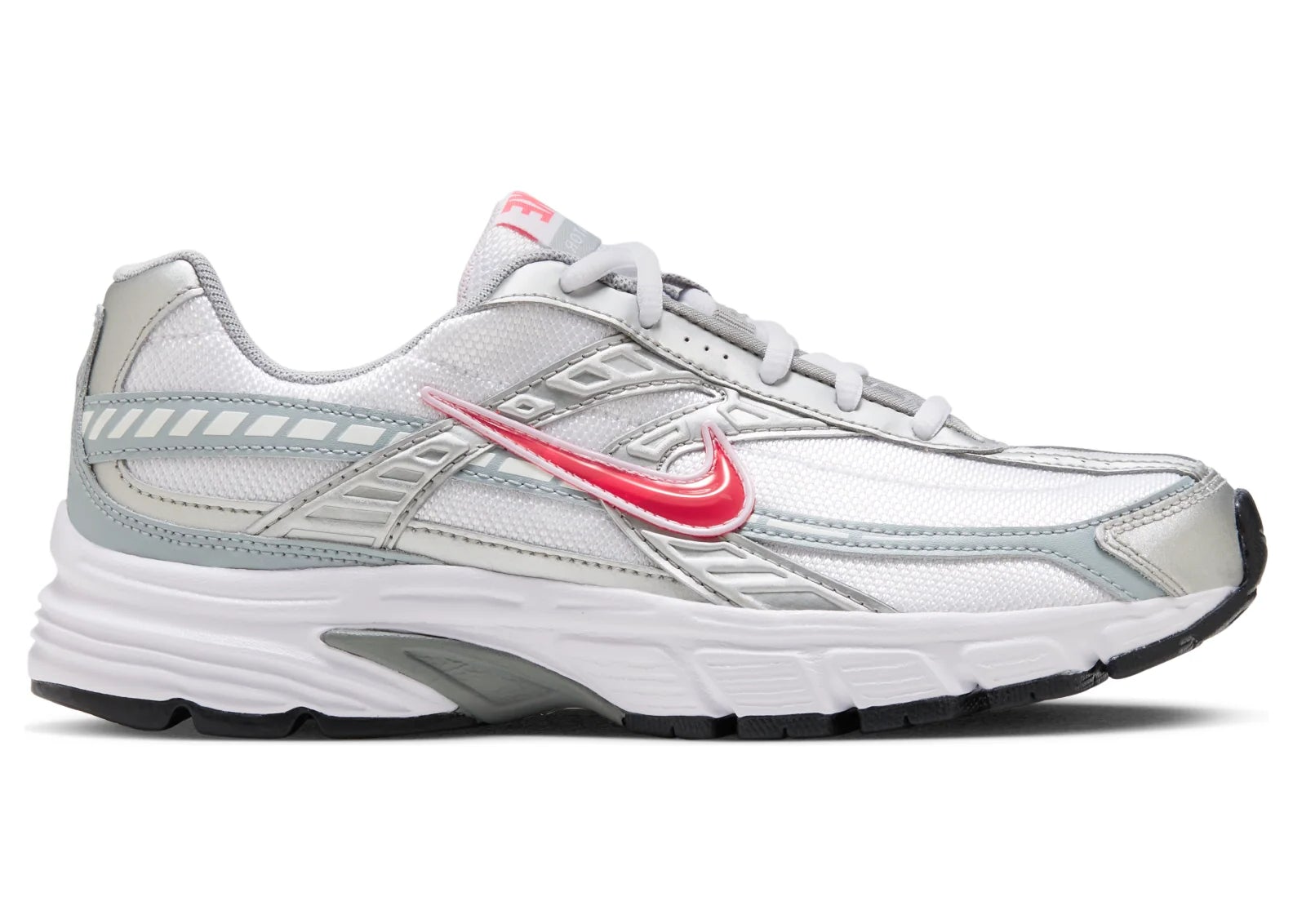 Nike Initiator Silver Red blanche et argentée avec détails Cherry rouges, empeigne rétro-running et semelle intermédiaire amortissante vue de profil. 