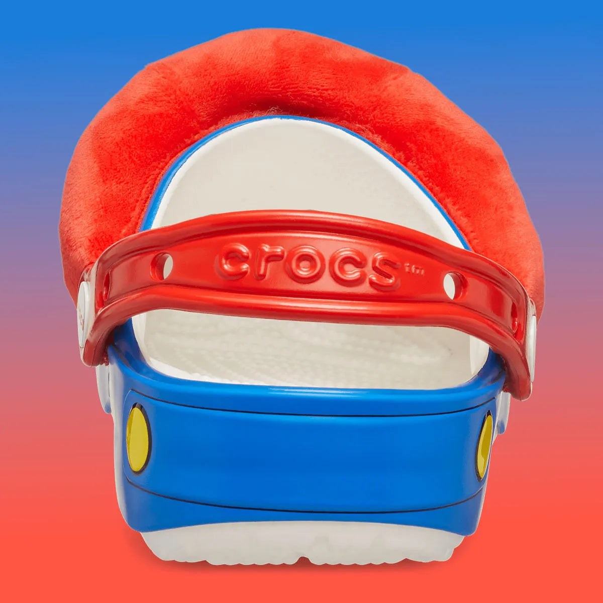 Crocs Classic Clog Super Mario Bros. Mario en résine Croslite™ rouge avec Jibbitz™ Mario, champignon, blocs « ? » et pièces, bride pivotante et semelle antidérapante.