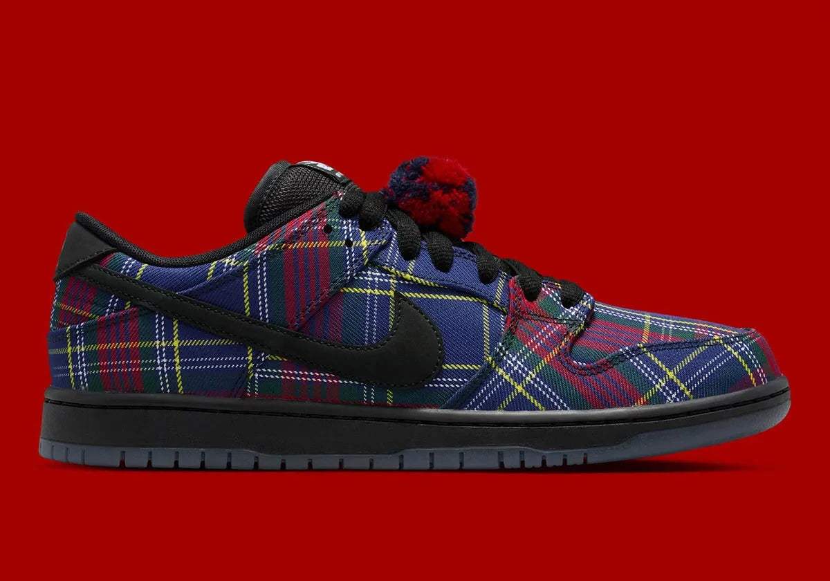 Nike SB Dunk Low Nardwuar avec motif tartan multicolore, cuir premium et semelle skate noire vue de profil
