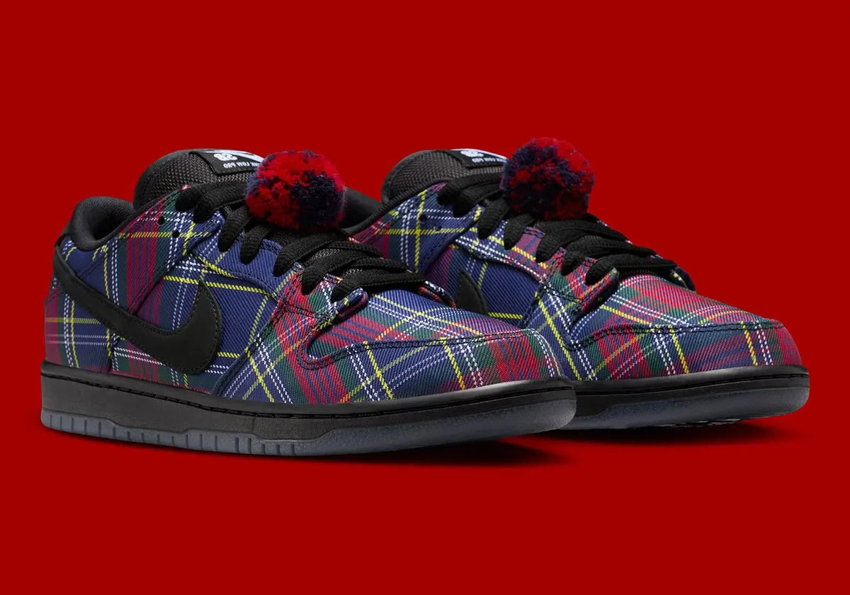 Nike SB Dunk Low Nardwuar avec motif tartan multicolore, cuir premium et semelle skate noire vue de 3/4