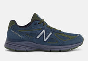 New Balance 990v4 MiUSA Navy Meteorite Kombu U990BG4 en mesh et suède bleu marine, gris Meteorite et vert Kombu avec semelle ENCAP vue de profil. 