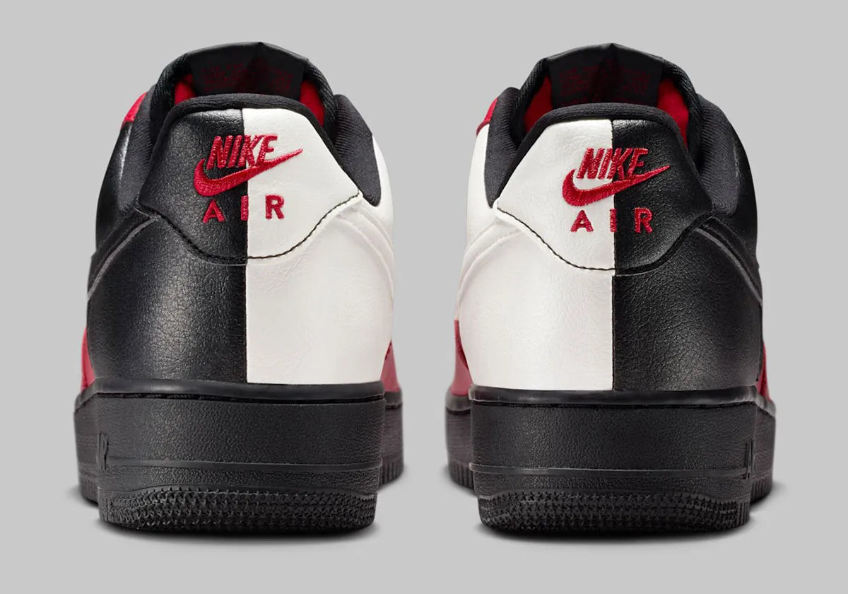 Nike Air Force 1 Low Scarface 313641-101, sneaker Nike Air Force 1 noire et blanche avec color blocking contrasté et détails Varsity Red.