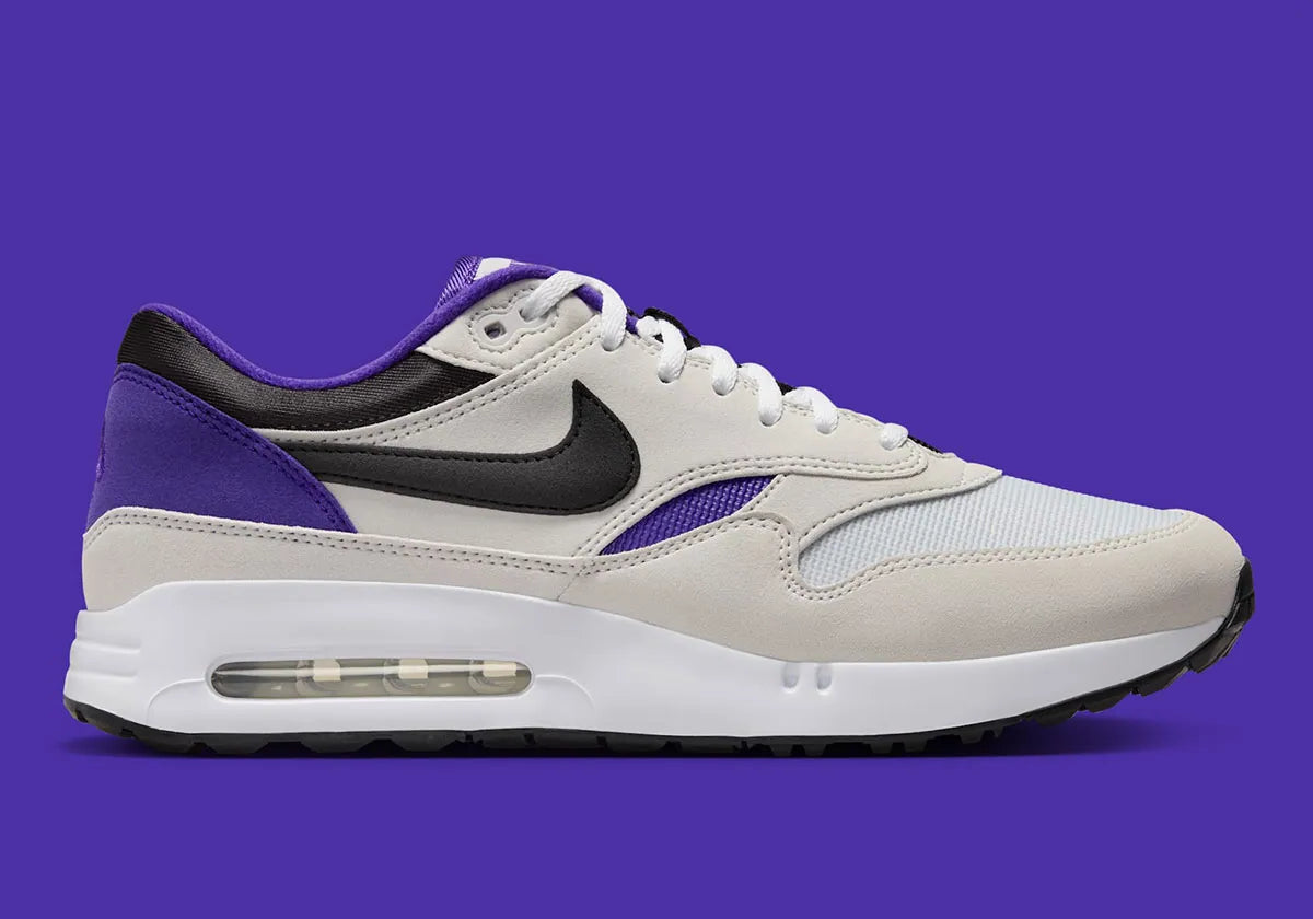Chaussure de ville air max 1 golf big bubble violet, blanc, noir, semelle confortable, vue de profil