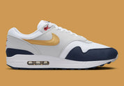  Chaussure de rue Nike Air Max 1 Olympic bleu , blanc , dorée , gris , semelle confortable , vu de profil