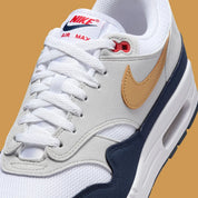  Chaussure de rue Nike Air Max 1 Olympic bleu , blanc , dorée , gris , semelle confortable , vu de coté