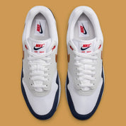  Chaussure de rue Nike Air Max 1 Olympic bleu , blanc , dorée , gris , semelle confortable , vu de haut