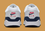  Chaussure de rue Nike Air Max 1 Olympic bleu , blanc , dorée , gris , semelle confortable , vu de derrière