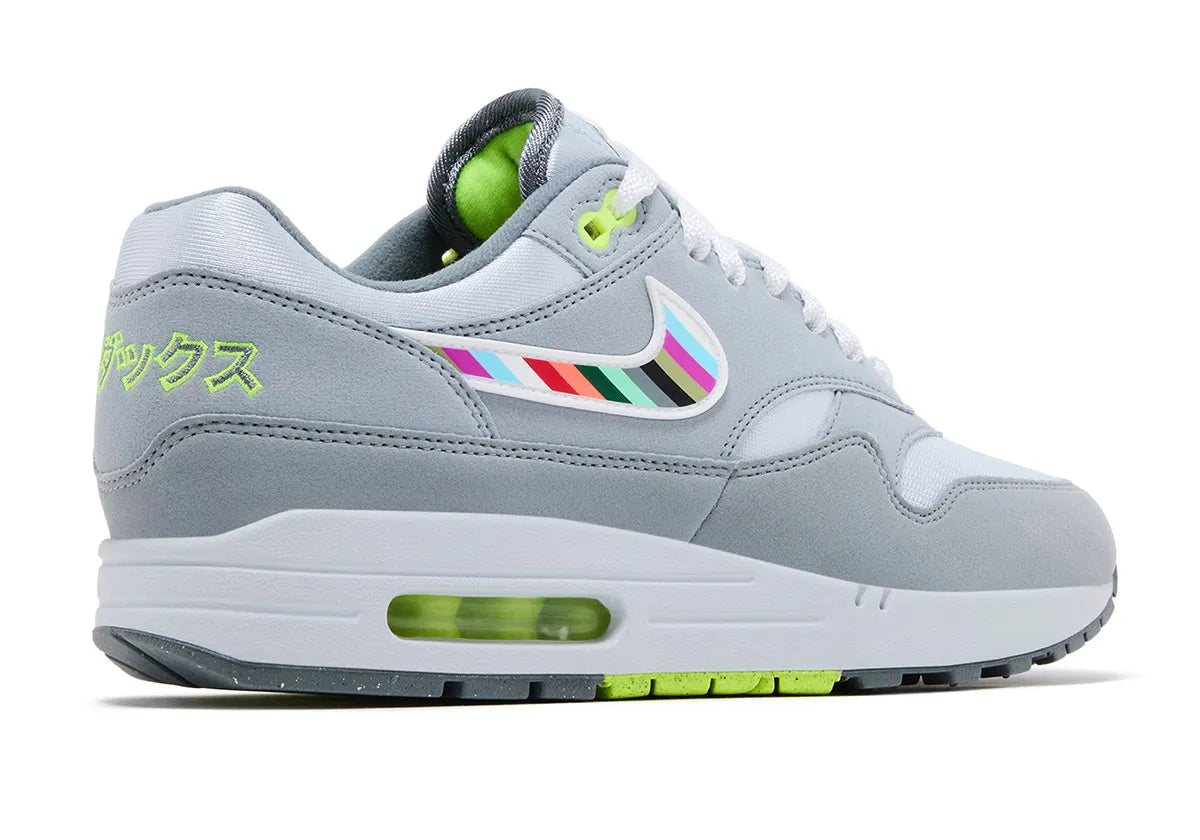 Nike Air Max 1 Ducks of a Feather Oregon Ducks Tokyo JF4580-001 en mesh et suède gris avec Swoosh multicolore, détails verts et branding japonais.