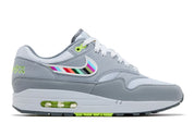 Nike Air Max 1 Ducks of a Feather Oregon Ducks Tokyo JF4580-001 en mesh et suède gris avec Swoosh multicolore, détails verts et branding japonais.