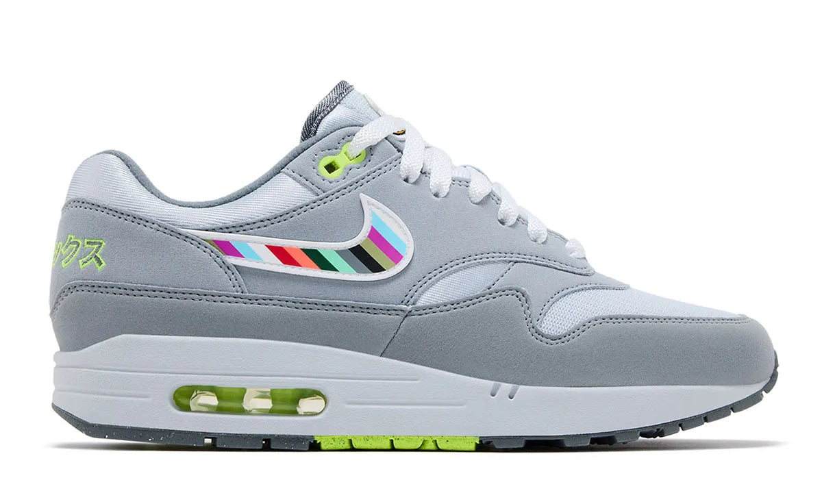 Nike Air Max 1 Ducks of a Feather Oregon Ducks Tokyo JF4580-001 en mesh et suède gris avec Swoosh multicolore, détails verts et branding japonais.