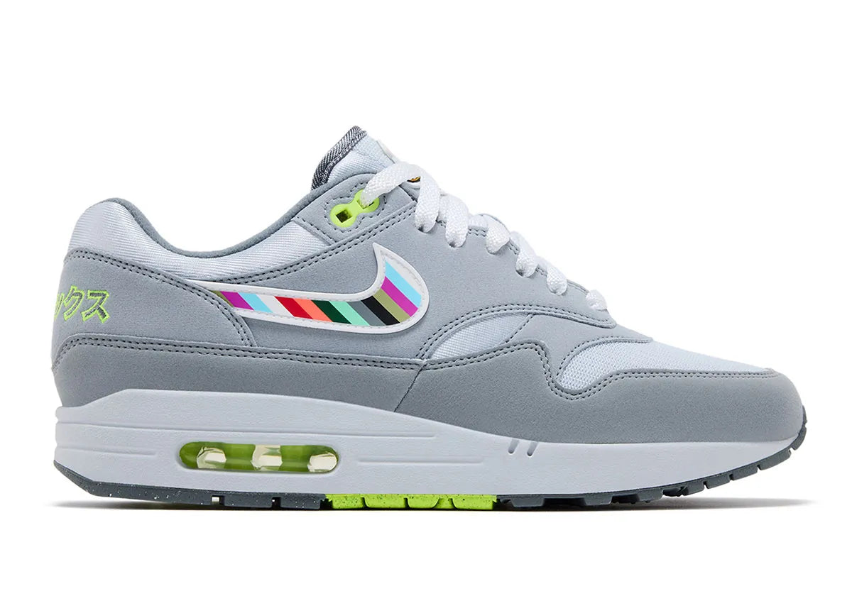 Nike Air Max 1 Ducks of a Feather Oregon Ducks Tokyo JF4580-001 en mesh et suède gris avec Swoosh multicolore, détails verts et branding japonais.