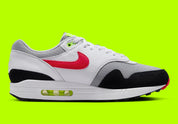 Nike Air Max 1 Chili Volt, sneaker Nike Air Max 1 avec coloris Chili et Volt, amorti Nike Air visible et finitions premium.