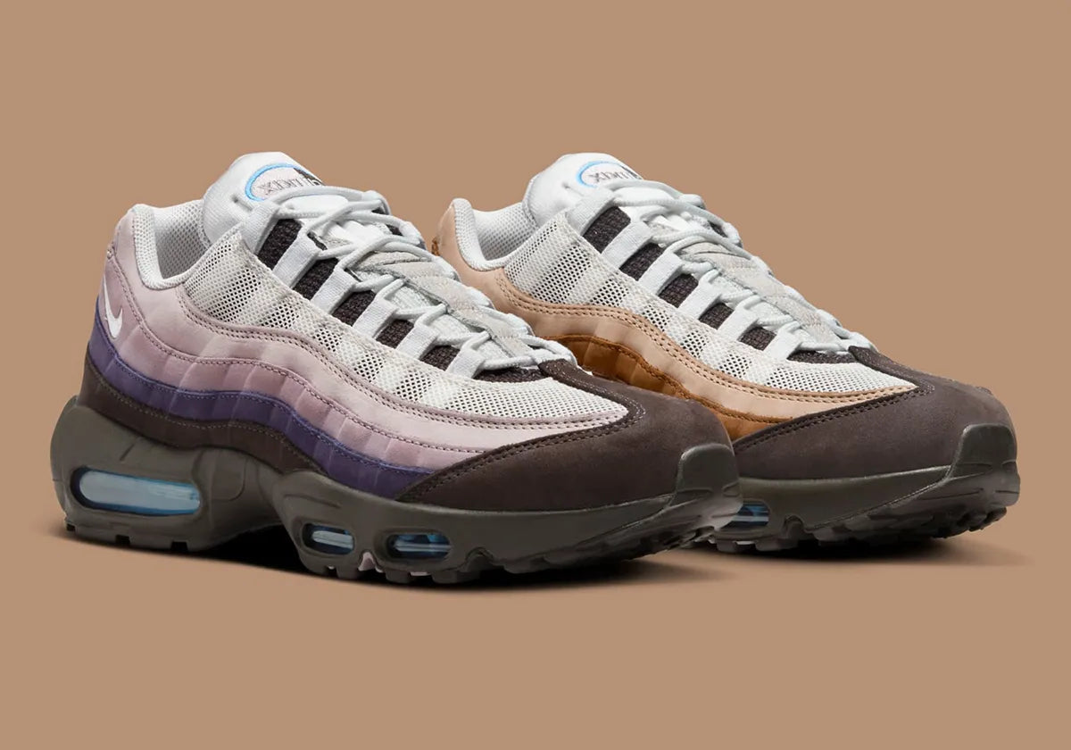 Nike Air Max 95 Unearthed beige et marron avec panneaux multicouches Summit White, Cacao Wow et Velvet Brown et unités Air bleues visibles.