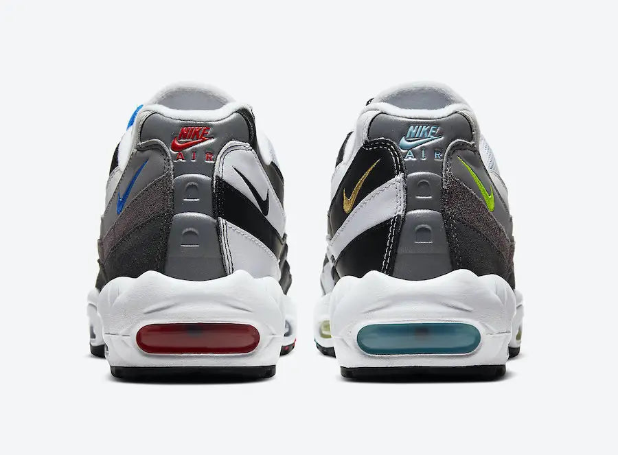 Nike Air Max 95 Greedy 2020 multicolore avec panneaux noirs et gris, touches néon, rouges et bleues, empeigne en mesh, daim et cuir vue de derrière. 