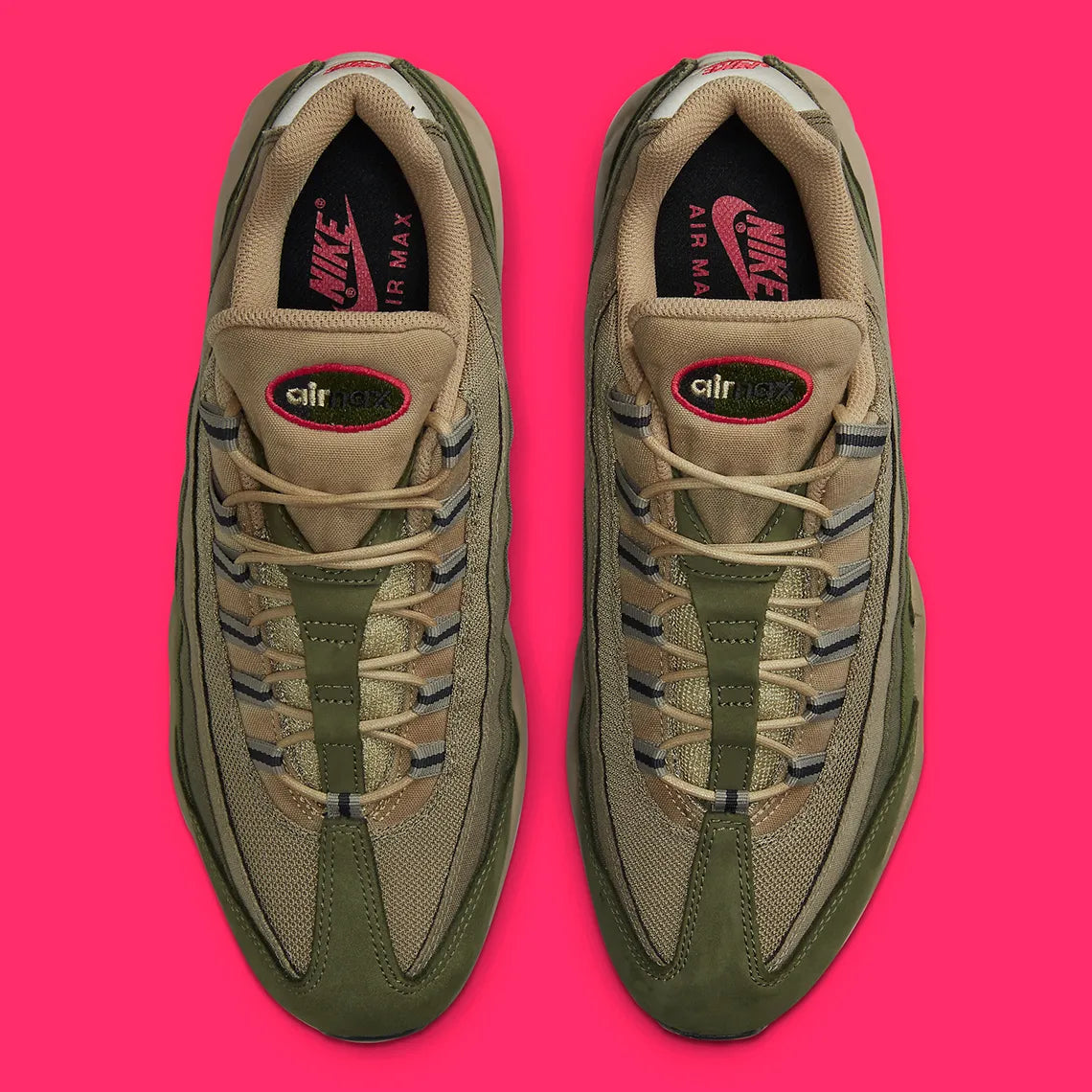 Nike Air Max 95 Matte Olive DQ8570-200, sneaker kaki et Rough Green en mesh, canvas et suède avec unités Nike Air visibles.