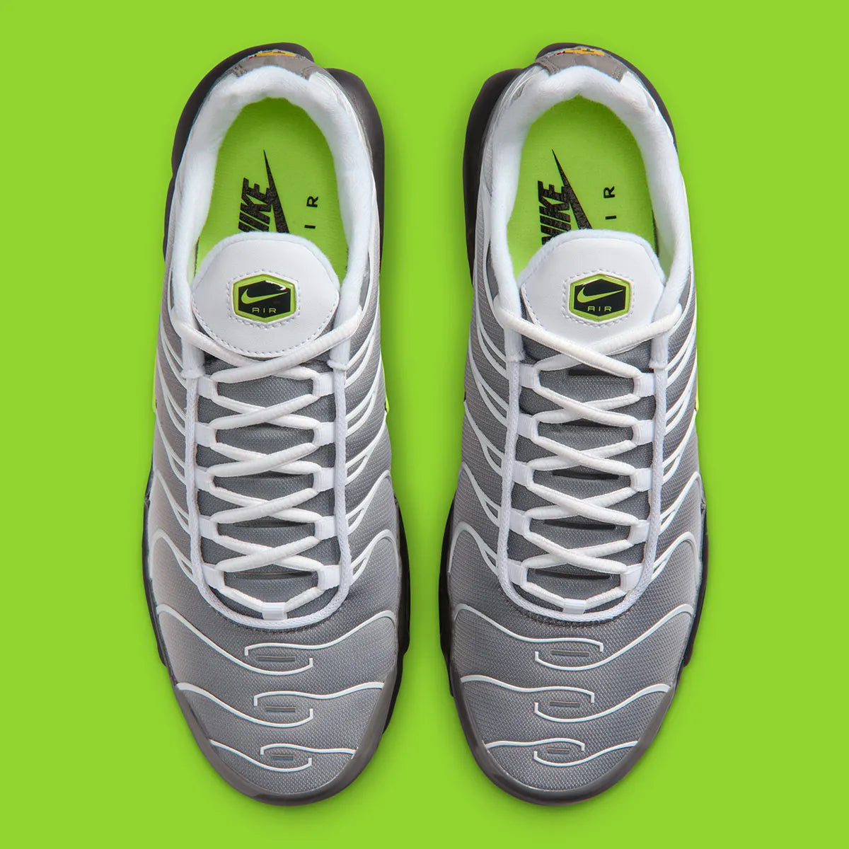 Nike Air Max Plus Neon grise et noire avec mesh dégradé, détails Neon Yellow fluorescents et unités Tuned Air visibles.