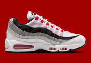 Nike Air Max 95 Comet Red IB7862-100, sneaker blanche et grise avec détails rouge Comet, panneaux ondulés et unité Max Air Big Bubble.