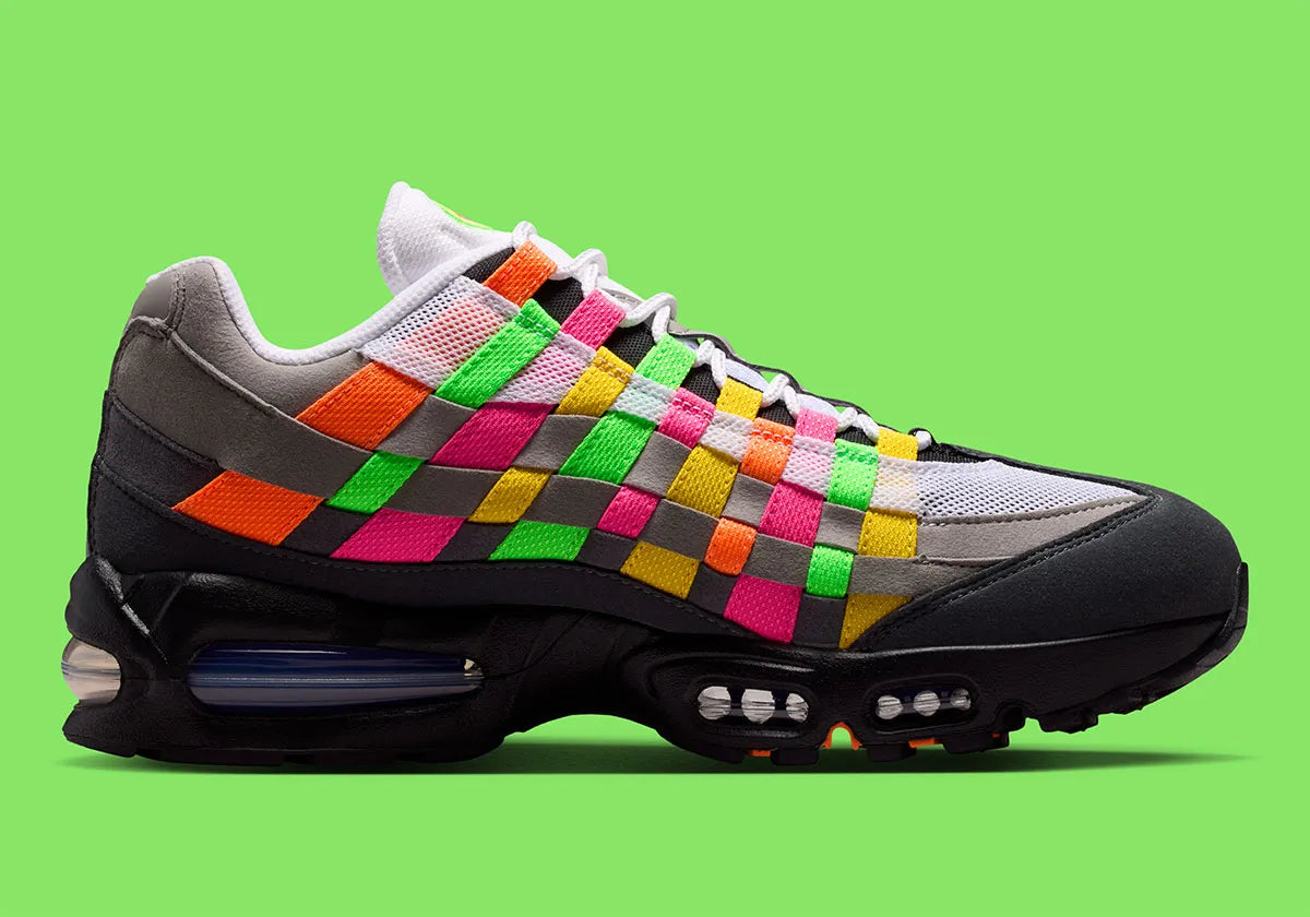 Nike Air Max 95 Big Bubble Woven Multi avec tige en textile tissé multicolore, renforts synthétiques, unités Max Air Big Bubble visibles et silhouette iconique inspirée du running.