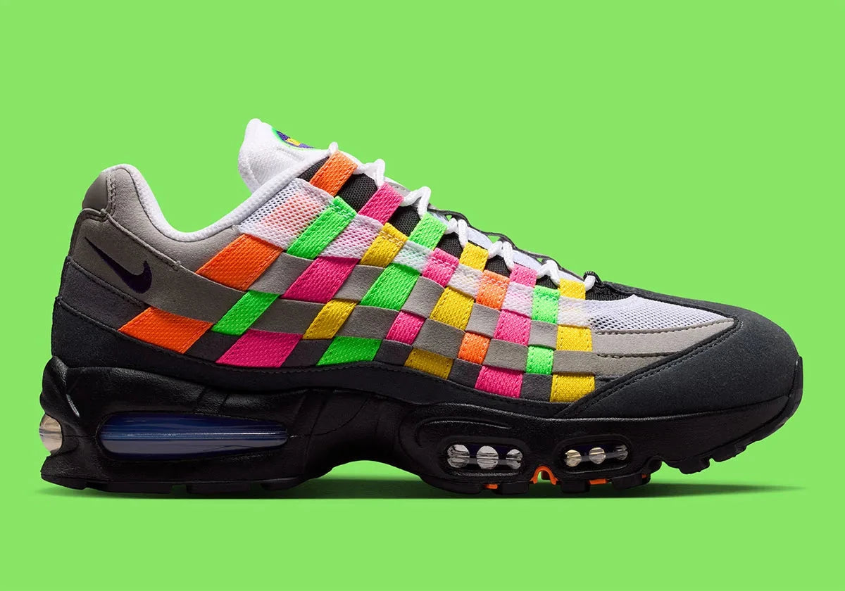 Nike Air Max 95 Big Bubble Woven Multi avec tige en textile tissé multicolore, renforts synthétiques, unités Max Air Big Bubble visibles et silhouette iconique inspirée du running.