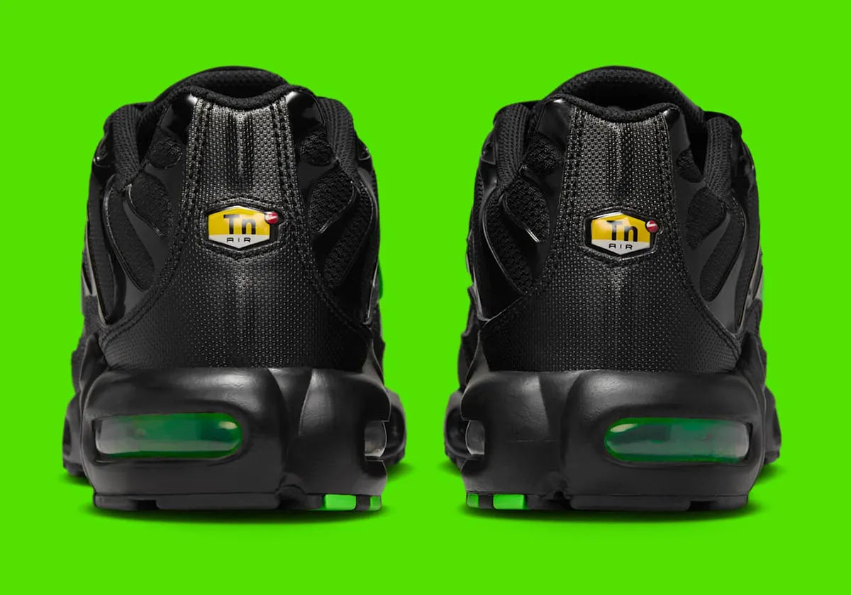 air max plus, nike tn, chaussure toute noire et verte, sombre, semelle confortable, vue de derrière du talon, languette apparente, logo tn voyant